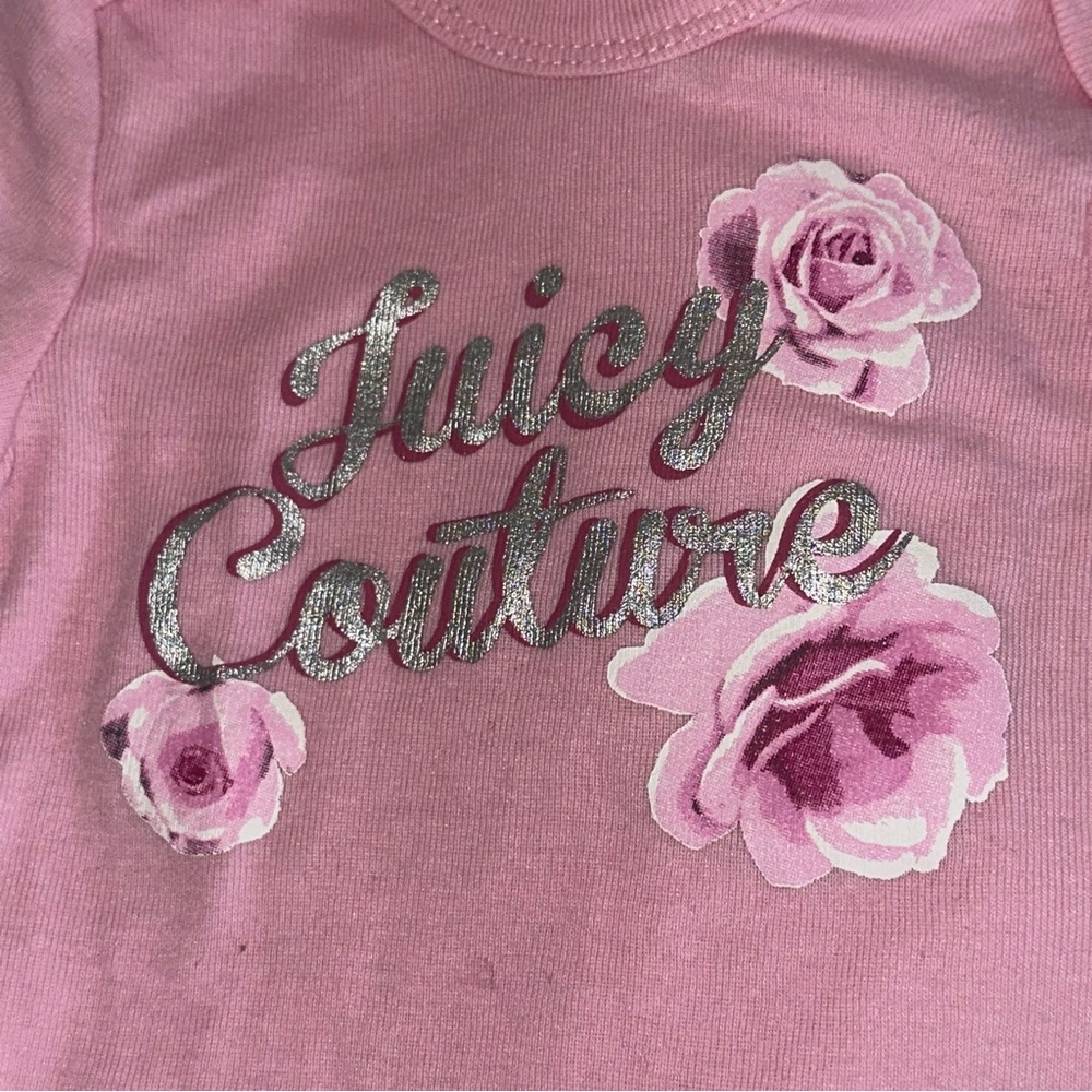 (C) 2017 Juicy Couture Pink w/Metallic Silver & Roses Onesie, Sz 18 Months